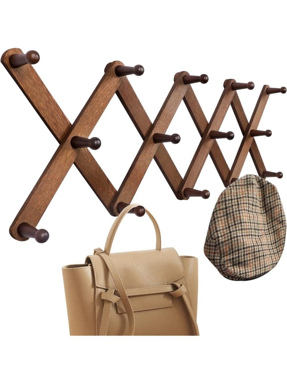 New Accordion Wall Hanger with 14 Pegs, Expandable Wooden Coat & Hat Rack